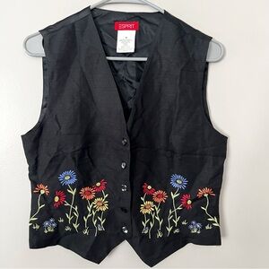 Vintage 90s ESPRIT Black Linen Floral Embroidered Button Vest Small Medium Boho